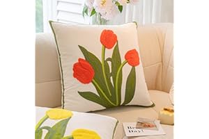 18" x 18" Red Tulip Embroidered Throw Pillow Cover, Canvas Floral Square Decorative Pillowcases for Boho Farmhouse Living Roo