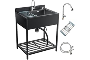 JINRRENYI 33inch Stainless Steel Freestanding Utility Sink with Cold and Hot Water Faucet, Commercial Kitchen outdoor Sink with Hoses and Drain Kit, Laundry sink For Bathrooms, Garage (Black)
