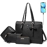 Keyli 4pc Sets Laptop Bag for Women Large Leather Laptop Briefcase with USB Charging Port Computer Shoulder tote Bags Purse