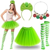 Hillban 4 Pcs Light Christmas Elf Costumes for Women Tutu Outfit Furry Headband Bell Necklace Striped Stockings Cosplay Party