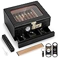 Tesonway Cigar Humidor, Cedar Wood Humidor Cigar Box, Glass Top Desktop Humidor with Front Hygrometer, Humidifier, Divider, Accessories Drawer and Combination Lock, Cigar Gifts for Men (Black)