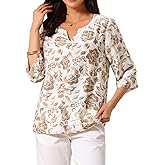 Seta T Women's 3/4 Sleeve Tops Dressy Casual V Neck Boho Floral Button Decor Summer Blouse Shirts