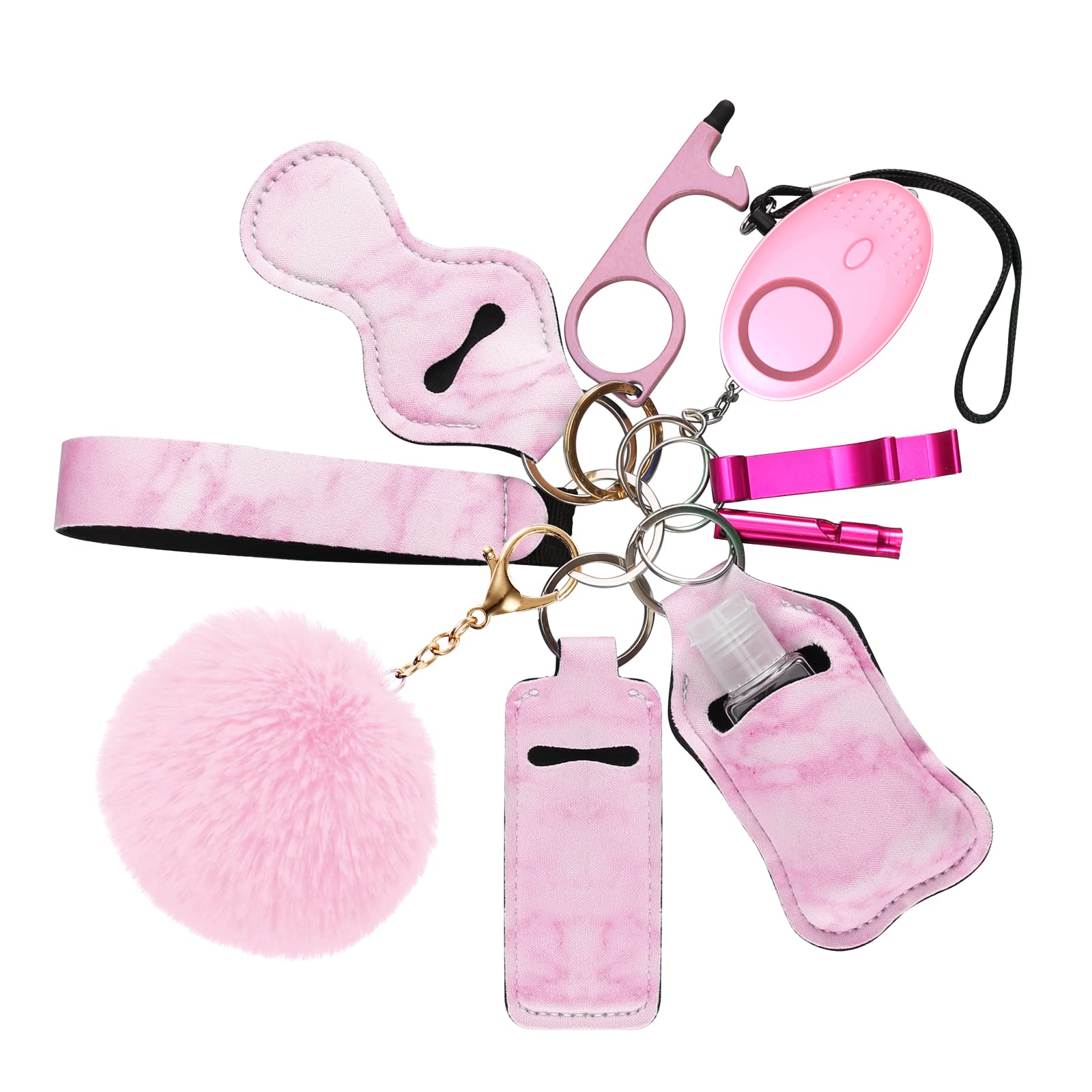 Upgraded Ankilo Safe Sound Personal Alarm 10 Pcs Set Self Defense Keychain Set for Women and Kids with LED Light, No Touch Door Opener, Whistle, Pink