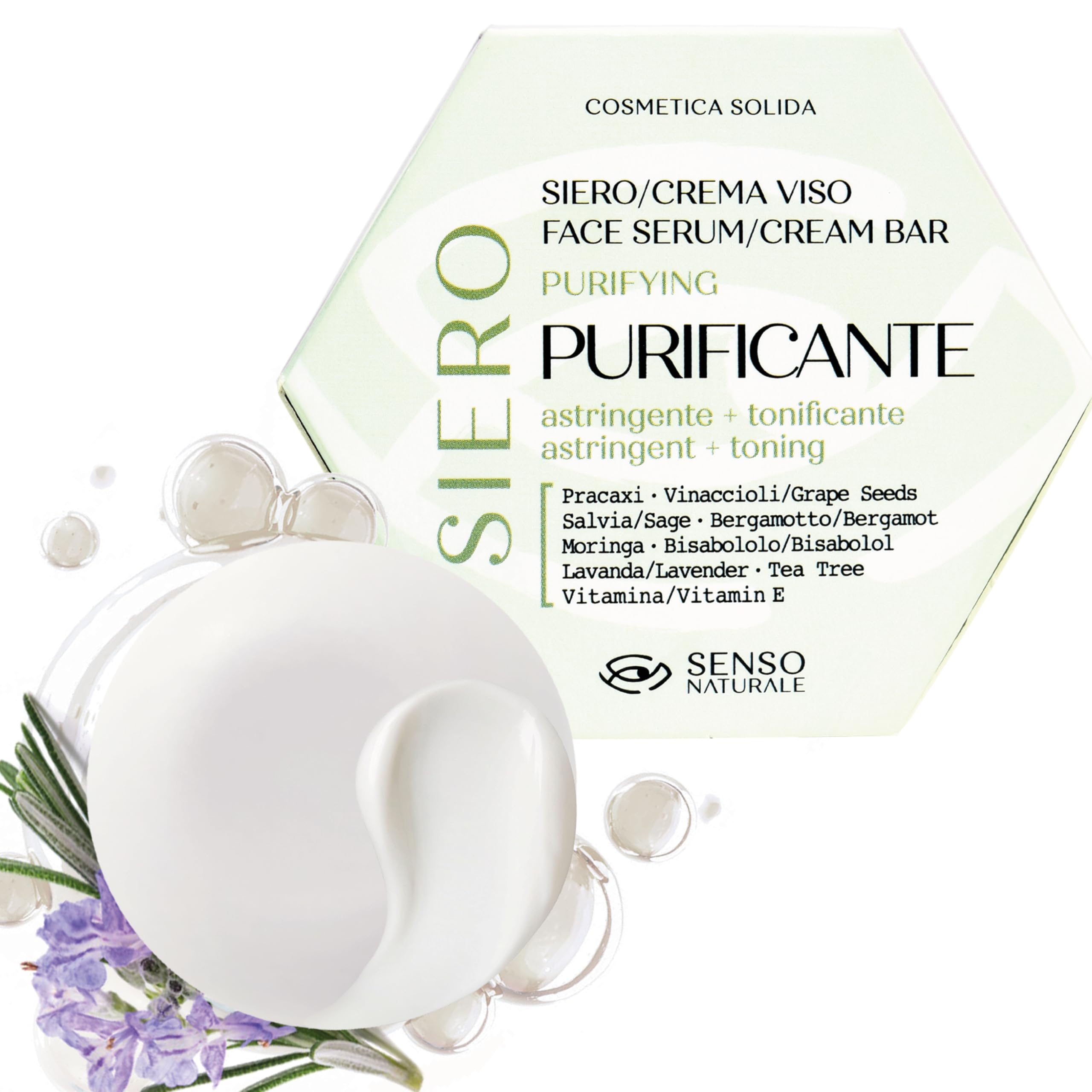 Senso Naturale Solid Face Serum Astringent and Purifying for Combination or Oily Skin, Face Cream, Night Mask Intense Soothing Action with Vitamin E, 100% Natural Organic and Vegan