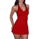 BEAGIMEG Women's Sexy Bodycon A-line Halter Deep V Backless Club Party Mini Dress