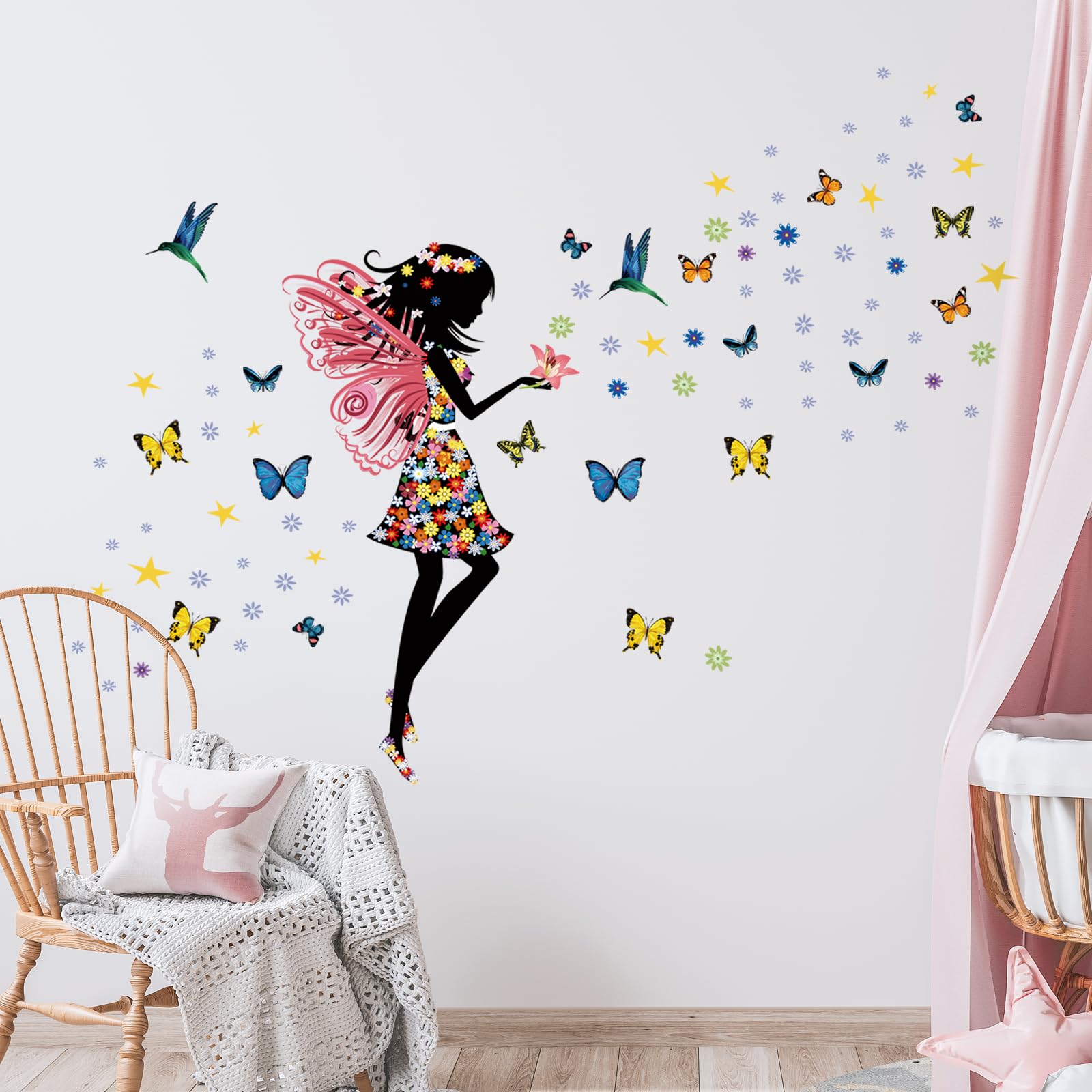 Tanlaby Flower Fairy Butterfly Girl Wall Stickers, DIY Removable Vinyl Wall Decals, Wall Art Sticker for Girls Baby Nursery Kids Bedroom Living Room Wall Decor