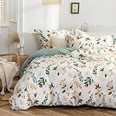 MILDLY Pattern Duvet Cover Set - 100% Washed Cotton Garden Floral Botanical Flower Leaves Bedding Set 3 Pieces Queen Size Linen Feel Breathable Comforter Cover with Zipper Ties