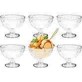6 Pcs Glass Dessert Bowls with Spoons - 7.44oz Footed Embossed Trifle Bowls for Ice Cream, Sundaes, Fruit Salads - Elegant Reusable Serving Dishes for Parties, Weddings & Home Decor