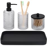 Bathroom Accessory Set,4 Pcs Clear Glass Bathroom Accessories Set-Lotion Soap Dispenser,Toothbrush Holder,Qtip Holder Dispenser &amp; Resin Vanity Tray,Countertop Vanity Organizer,Crystal Clear