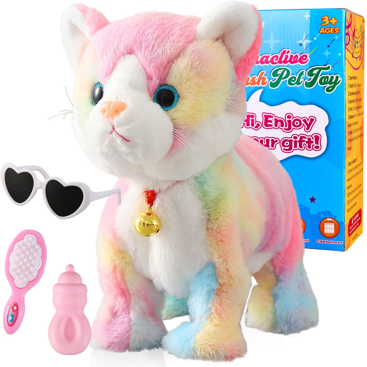 Marsjoy Colorful Gray Robot Cat Plush Cat Stuffed Animal Interactive Cat, Meow Kitten Touch Control, Electronic Cat Pet, Robotic Cat Cat Kitty Toy, Animated Toy Cats for Girls Baby Kids L:12"