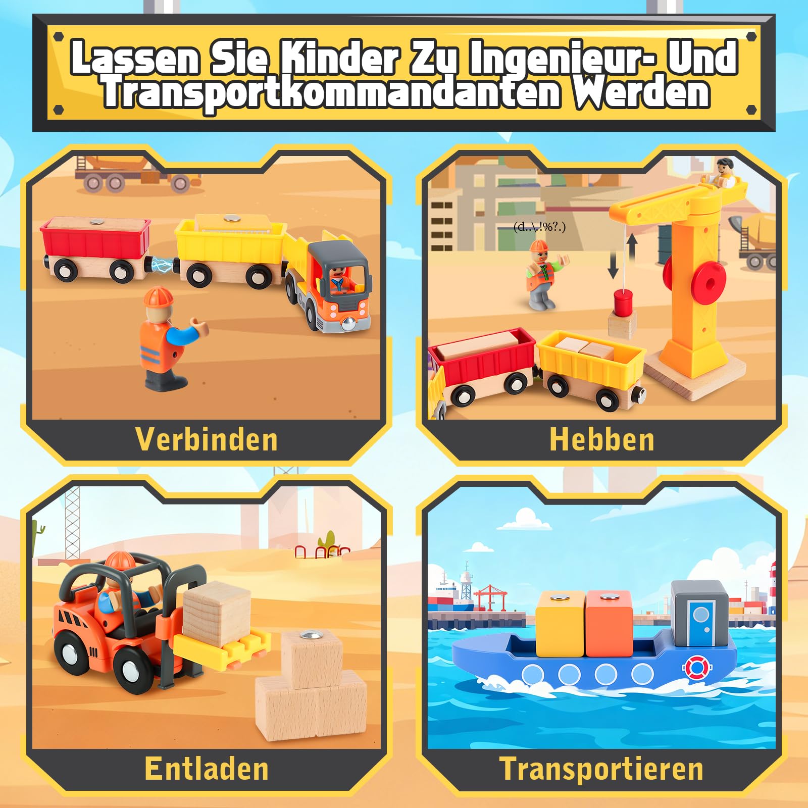 BuntWunder Baustellenfahrzeuge Kinder Kran Spielzeug, Baustelle Spielzeug ab 3 Jahre, Baufahrzeuge Kinder Holzspielzeug mit Turmkran Anhänger Gabelstapler Schiff, Geschenk Junge 3 4 5 Jahre 6