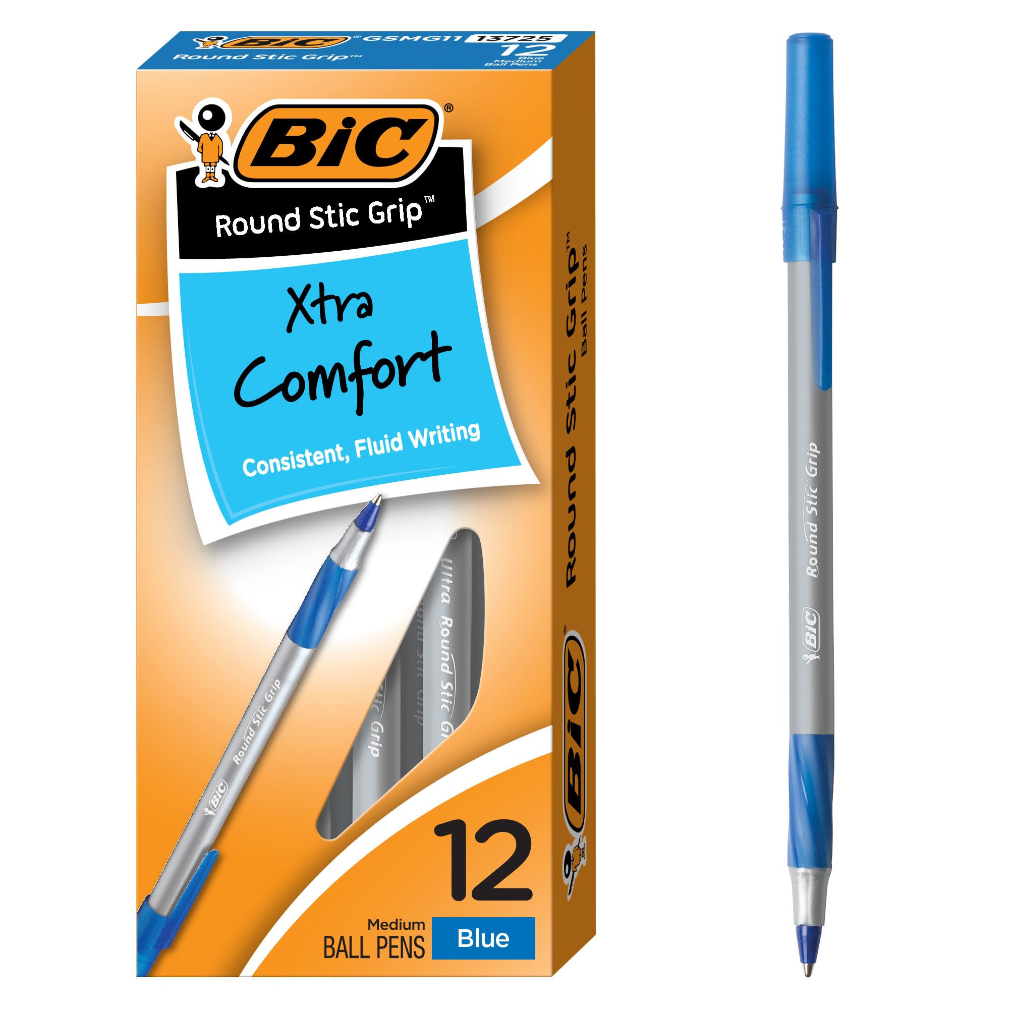 Photo 1 of BIC Round Stic Grip Xtra Comfort Blue Ballpoint Pens, Medium Point (1.2mm), 12-Count Pack