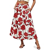 Wenrine Womens Floral Print Maxi Skirt High Waisted A Line Boho Flowy Beach Vacation Long Skirts with Pockets