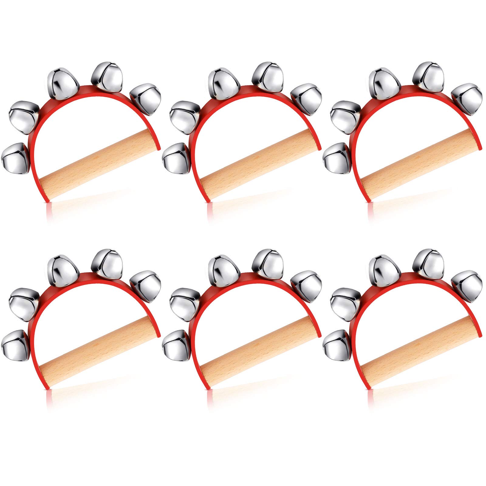 Photo 1 of 6 Pieces Sleigh Bell Christmas Handle Bells Instrument Musical Shaking Wooden Handbell with 5 Bells for Christmas Party, School Band Performances, Classroom Percussion Music