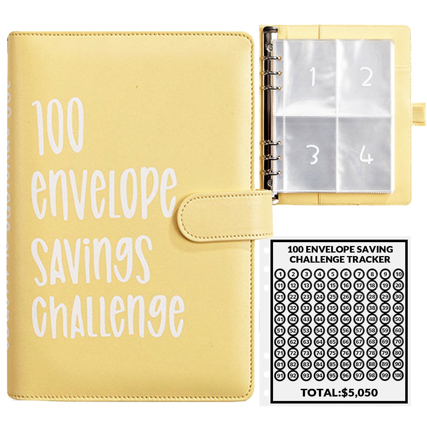 Photo 1 of 100 Envelopes Money Saving Challenge, 100 Envelope Challenge Binder, Easy and Fun Way to Save $5,050, Savings Challenges Budget Book Binder with Cash Envelopes for Office,Home,School (Yellow)