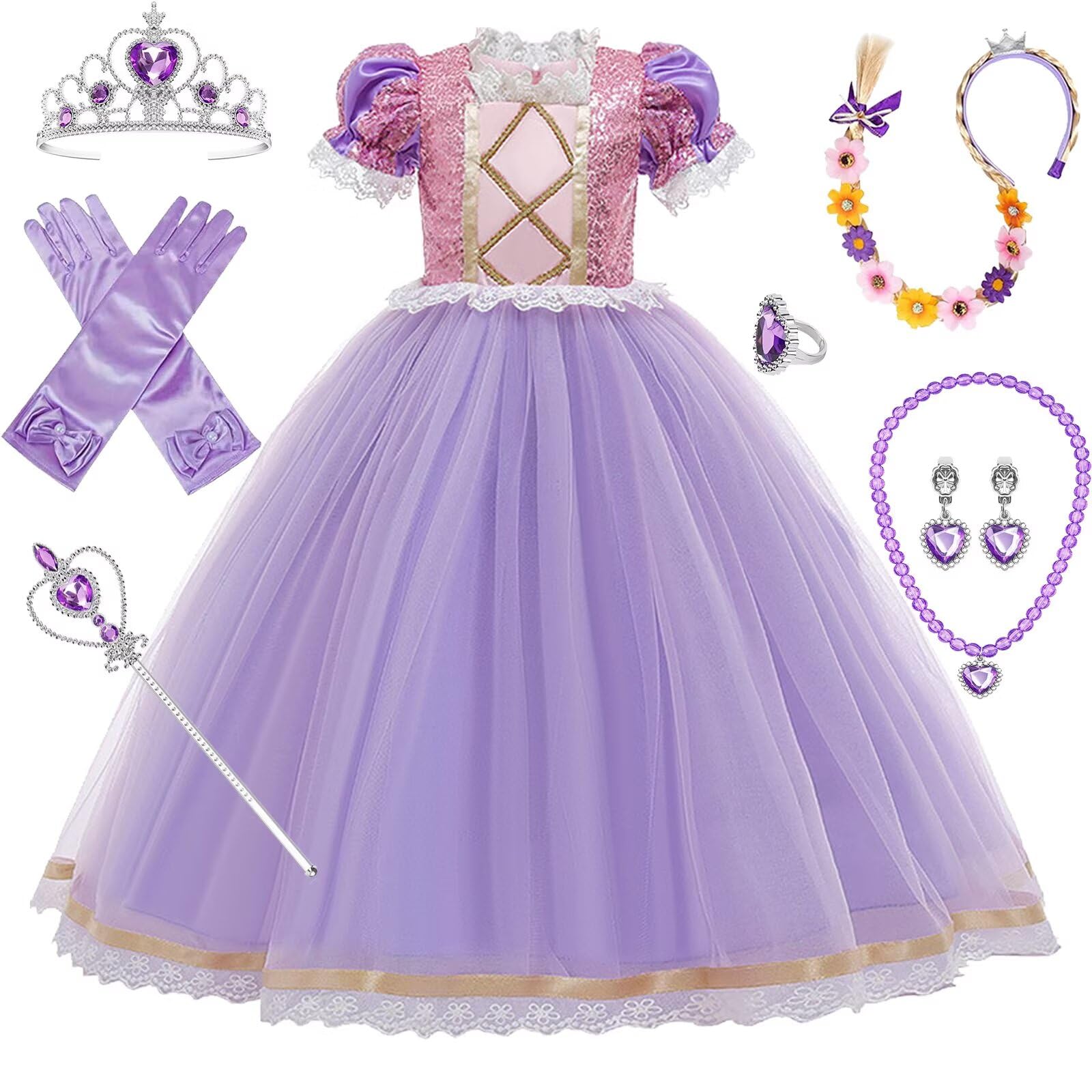 PIXUYE Princess Costumes for Girls Princess Fancy Dress with Accessories for Kids Birthday Carnival Halloween Christmas Parties Cosplay Word Books Days Oufits,T01-110