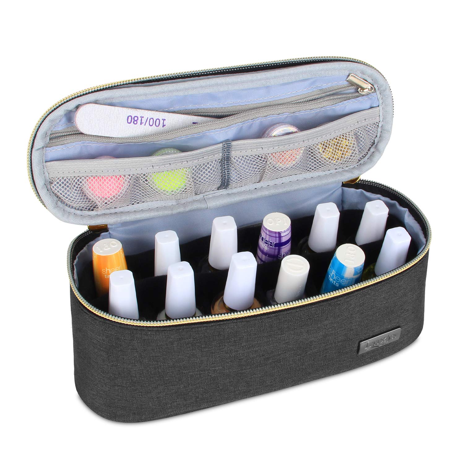 Luxja Nail Varnish Storage Case, Nail Varnish Holder, Nail Polish Bag - Holds 12 Bottles (15ml - 0.5 fl.oz), Nail Polish Case for Polish and Small Tools, Black