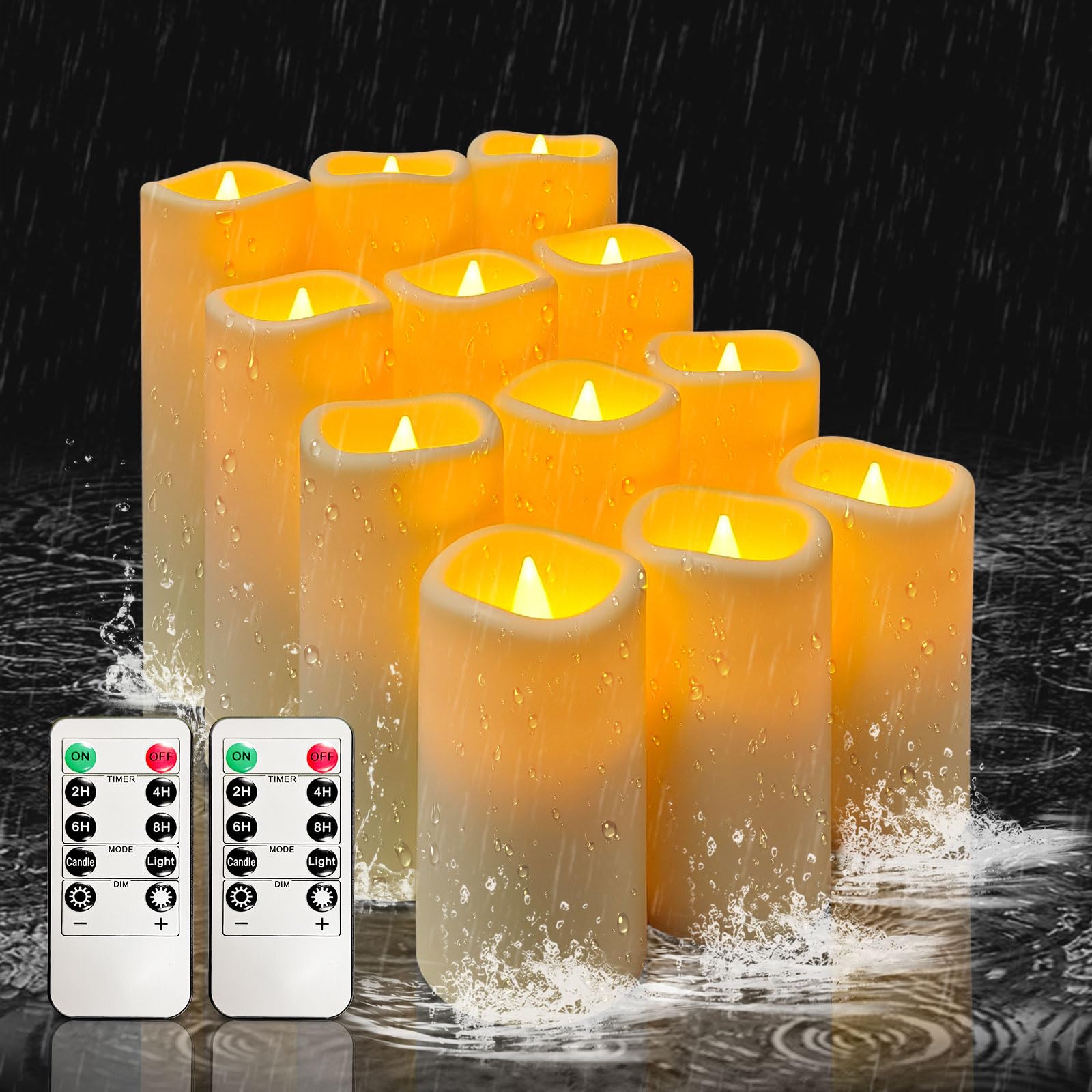Photo 1 of YIWER Waterproof Outdoor Flameless Candle, 12 Pcs Plastic Candles Pillars, 4" 5" 6" 7" LED Candles and 10-Key Remote Control with 2/4/6/8-hours Timer Function,300+ Hours (12, Ivory)