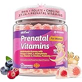 Prenatal Vitamin for Womem, 37-In-1 Multivitamin Gummies w/Omega-3 DHA, Methylfolate, Choline, lron, Vitamin B12 B6 D3 C, Postnatal Vitamins Support Mom & Baby | Before, During & After Pregnancy, 60Ct
