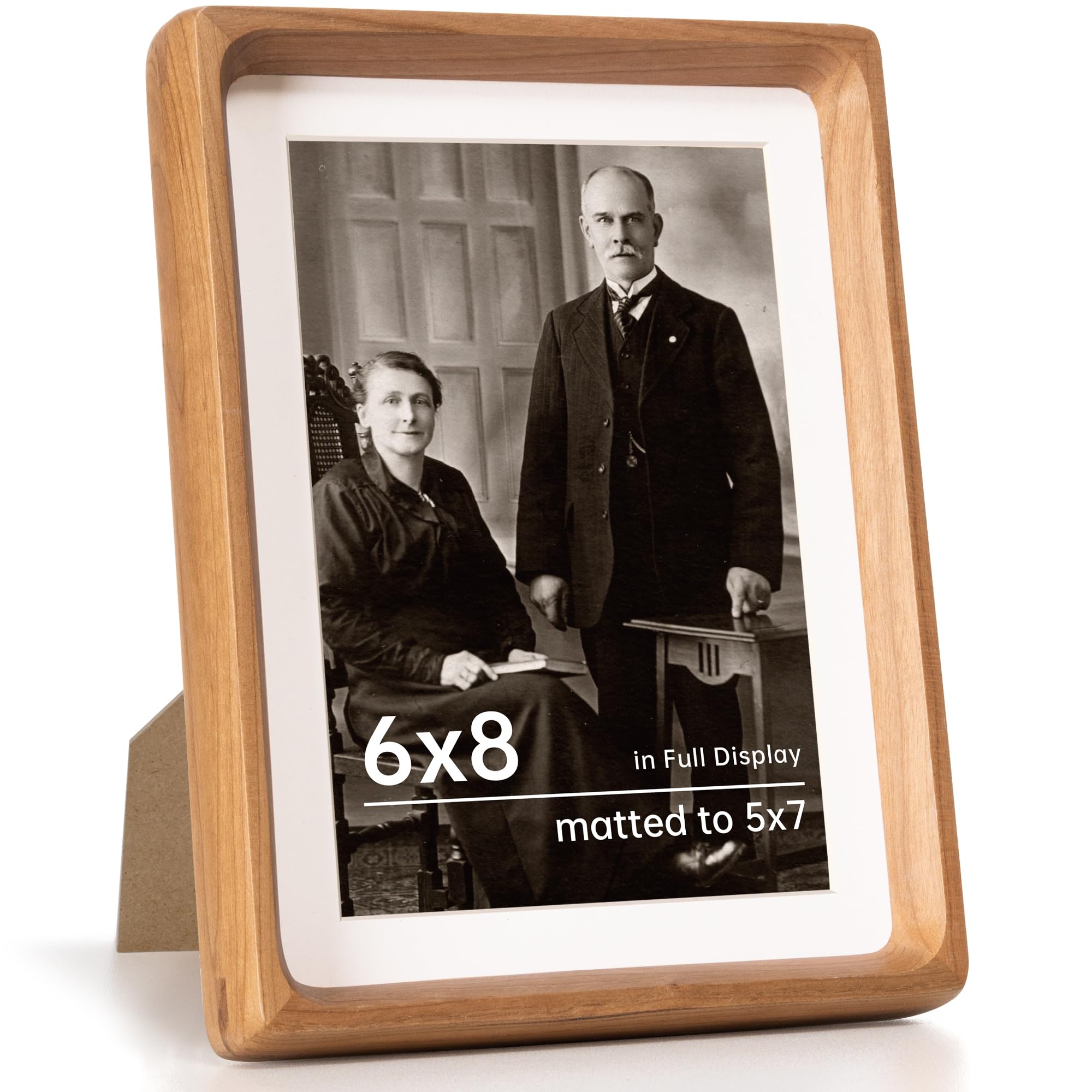Photo 1 of 6x8 Picture Frame USA-Sourced Natural Cherry Wood Solid Original Wood Photo Frame Rounded Corner with Mat to 5x7 Picture Display with Real Glass Family Picture, Wedding Picture, Photo, Certificate