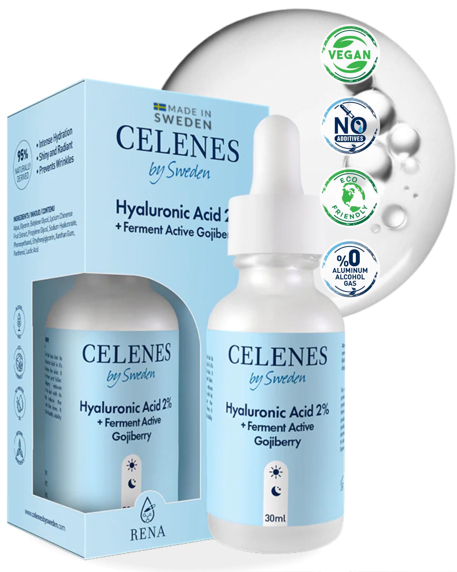 Celenes by Sweden Hyaluronic Acid Serum for Face 2% with Active Fermented Goji Berry - Hydration + Antioxidant brightening serum - Alcohol-Fragrance-Paraben Free Hydrating Serum and Face Care, 30ml — image 1