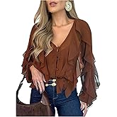 Floerns Women's Ruffle Trim Long Sleeve Shirts V Neck Button Down Dressy Blouse Tops