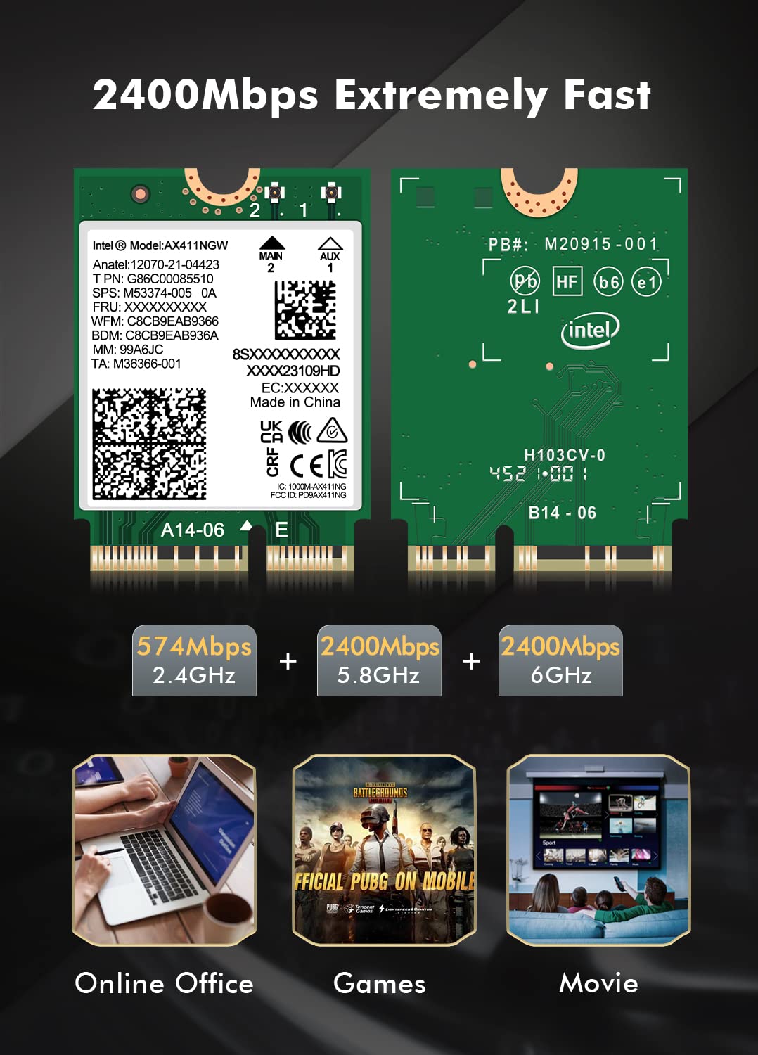 WiFi 6E Wireless Card Intel AX411 NGW. Only Support CNVio2 Protocol and Intel 12/13th Generation CPU, Bluetooth 5.3, Tri-Band 5400Mbps, Network Adapter for Laptop Support Windows 10/11 (64bit),Linux.