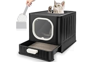 QYJINLIDA Foldable Cat Litter Box with Lid, Fully Enclosed Anti-Splashing Cat Kitty Litter Pan with Handle, Large Cat Potty Front Entry Top Exit, Drawer Type Cat Toilet Easy Clean with Fashion Cat Litter Scoop