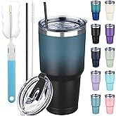 GUDEMAO 30 oz Tumbler with Lids and Straws, Stainless Steel Insulated Coffee Tumbler, Double Wall Vacuum Insulated Travel Mug Cup, Leakproof Thermal Coffee Cup for Hot and Cold Drinks (Blue Black)