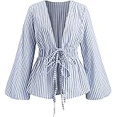 SHENHE Women's Striped Tie Front Bell Sleeve Blouse Deep V Neck Elegant Peplum Top Shirt