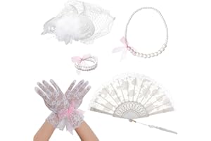 Fumwase 5Pcs Tea Party Accessories Set for Women Tea Party Favors Kit Tea Party Gloves Hats Necklace Fan Bracelet