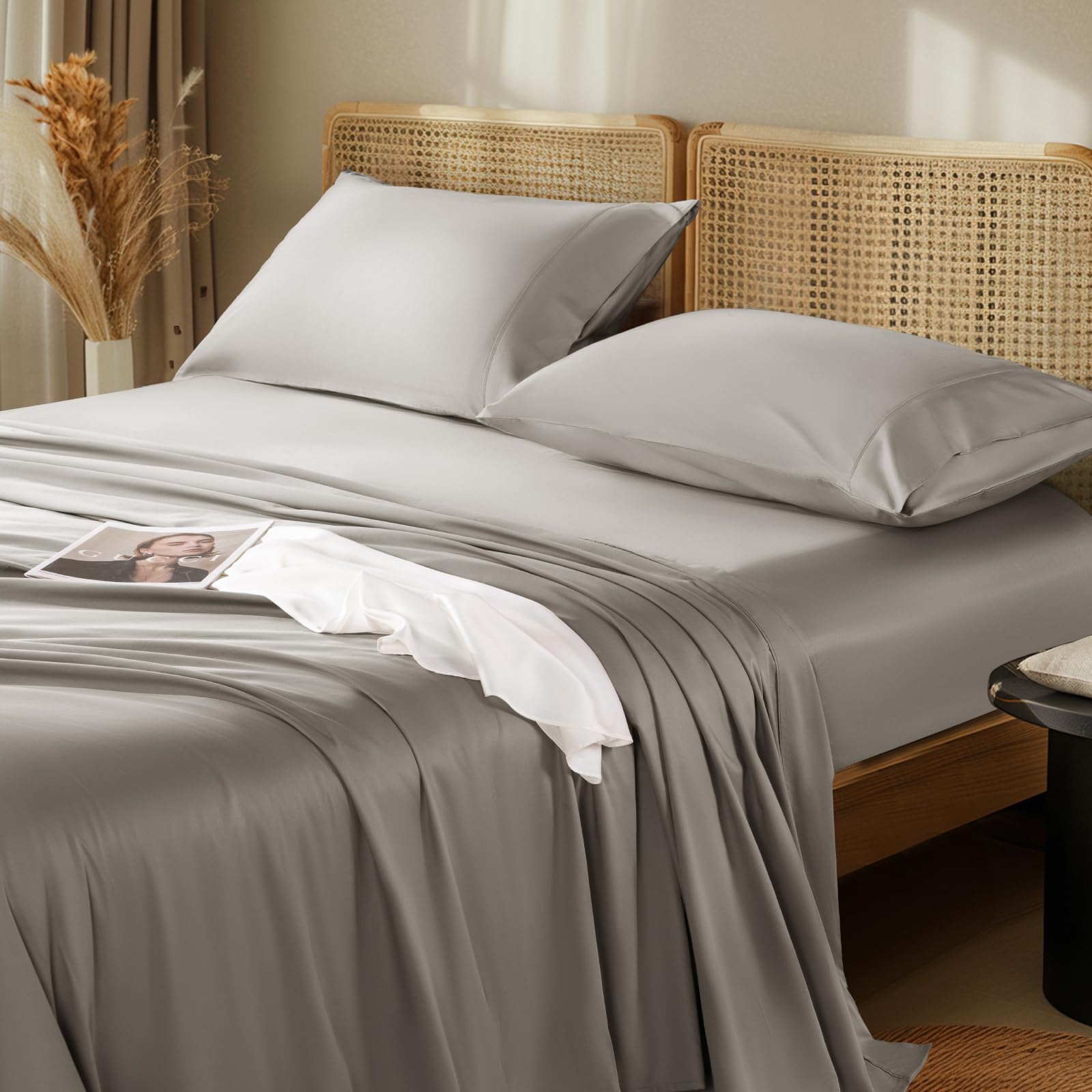 LBRO2M 100% Cotton 1200 Thread Count Full Size Sheets Set,16 Inches Deep Pocket,Bed Sheet 4 Piece Sets (Black, Full