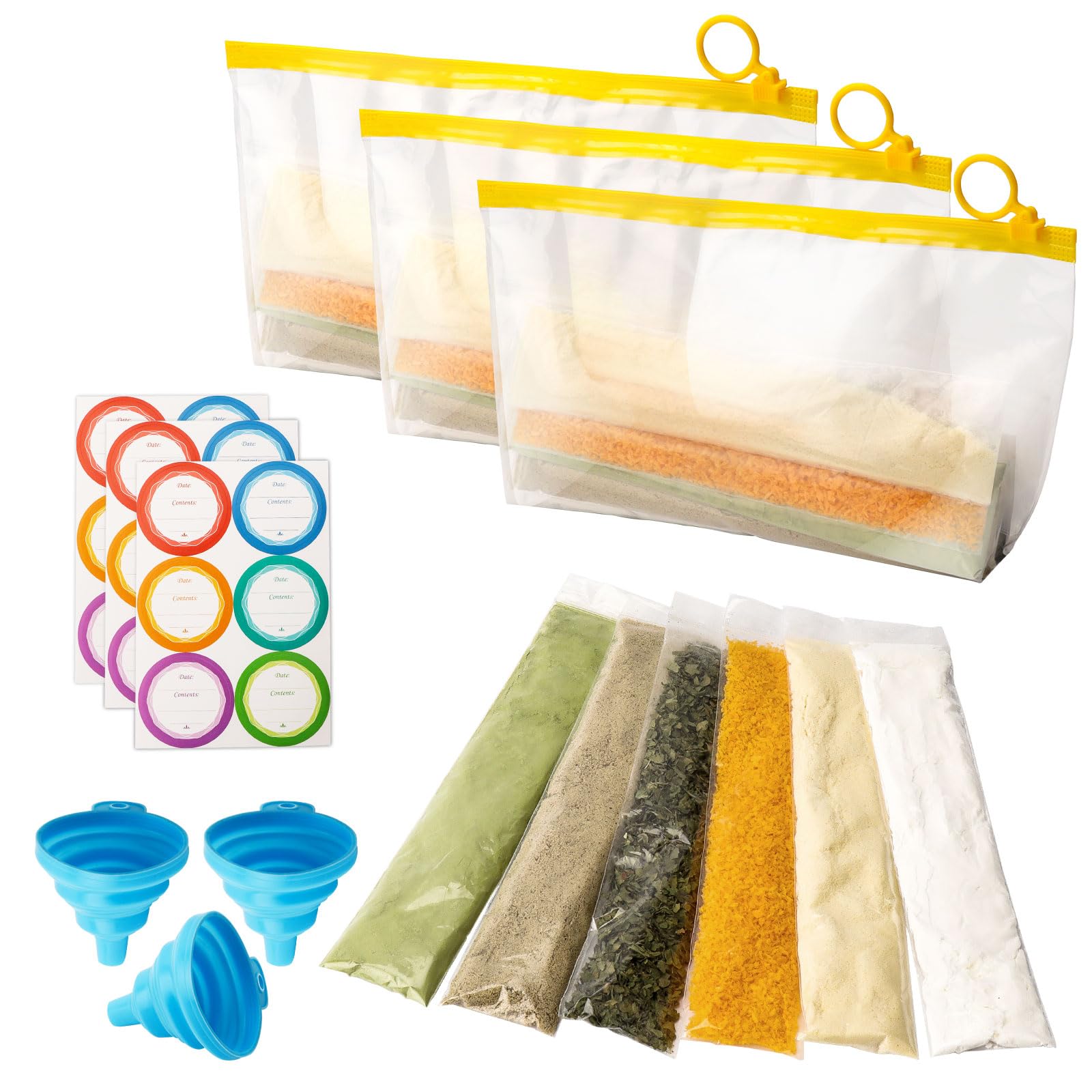 WALLFID Protein Powder Travel Storage Set with Funnels, 50pcs Disposable Single Dose Kit, 3pcs Zip Up Bags, Travel Powder Container, Sports Supplements Storage, For Fitness Portion Control