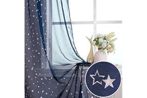 WUBODTI Navy Blue Star Sheer Curtains Kids Room Light Filtering Drapes 39 x 106 Inch Length 2 Panels, Silver Moon Printed Rod Pocket Extra Long Voile Curtain for Boys Bedroom Patio Door