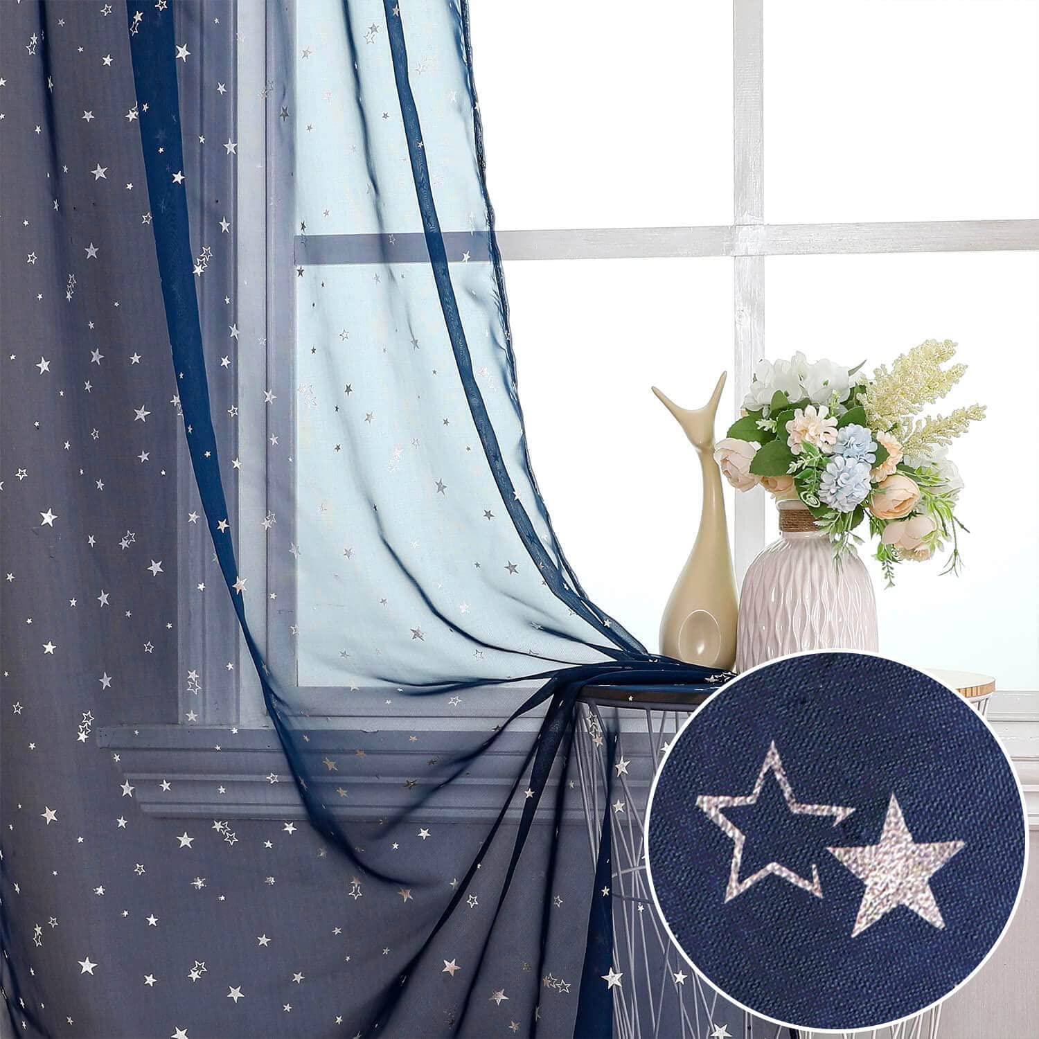 WUBODTI Navy Blue Star Sheer Curtains Kids Room Light Filtering Drapes 39 x 106 Inch Length 2 Panels, Silver Moon Printed Rod Pocket Extra Long Voile Curtain for Boys Bedroom Patio Door