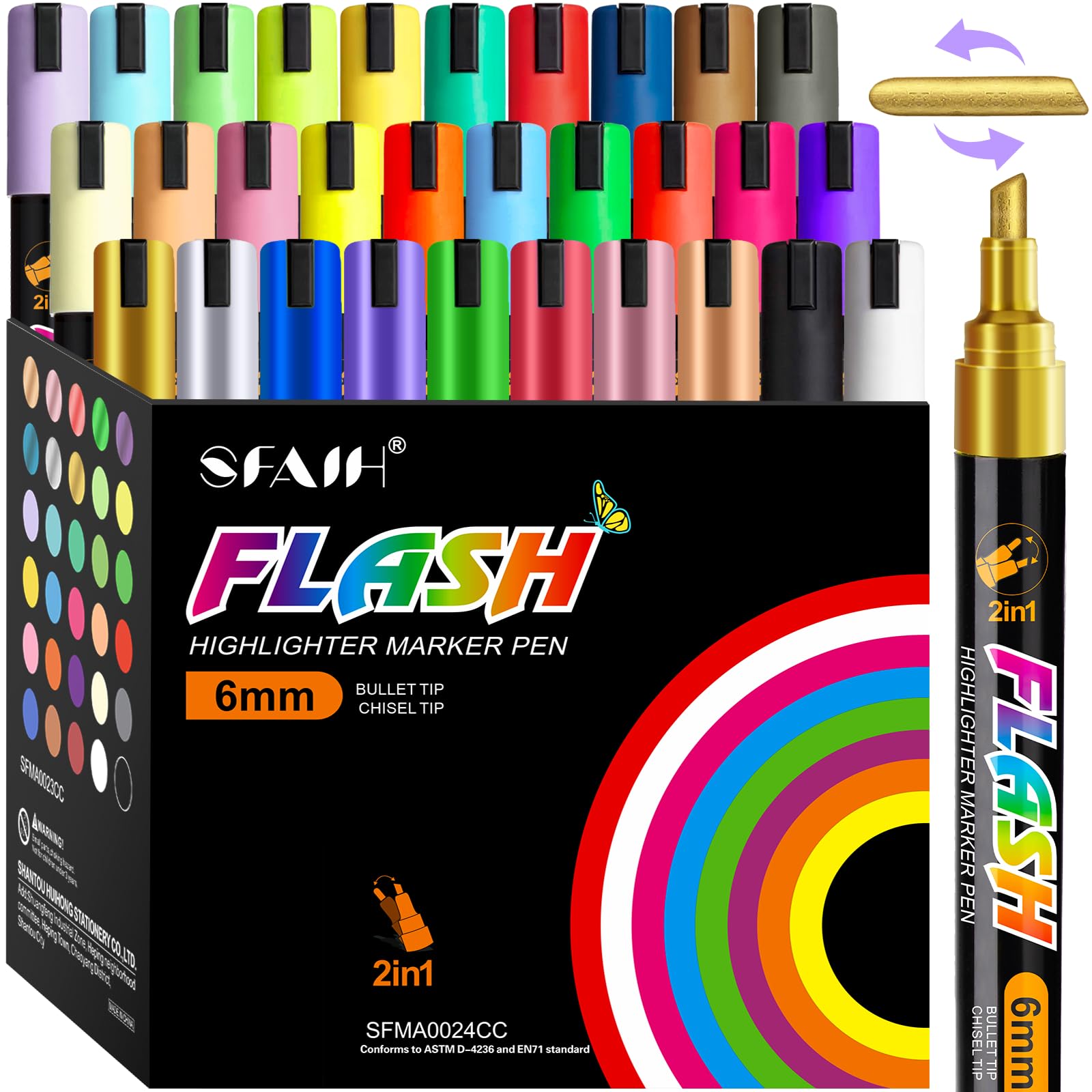 Photo 1 of SFAIH Liquid Chalk Markers [1-Second Wet Wipe] - 6mm 30 Colors [Neon+Pastel+Metallic], No Residue, Zero Dust Chalkboard Markers for Whiteboard, Windows, Glass, Signs, With Highlighter Color Marker