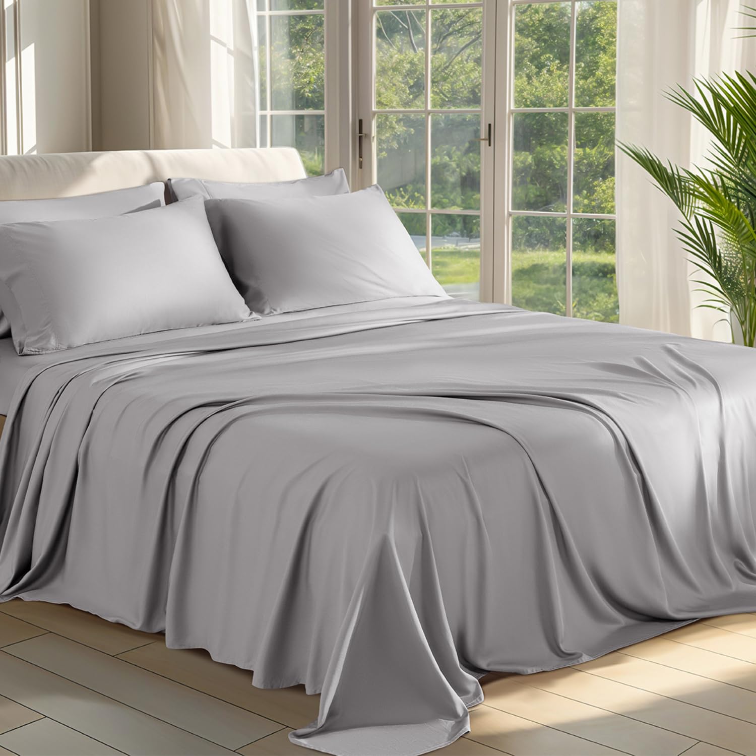 Photo 1 of Shilucheng 100% Viscose Derived from Bamboo_ Sheets Full Size 6pcs - Ultra Cooling & Silky Soft Bed Sheets, 16" Deep Pocket, Perfect for Hot Sleepers, Hotel Bedding Sheets (Grey)
