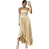 BITALY One Shoulder Women's Bridesmaid Dresses Satin Champagne Pleated Formal Dress with Slit US4