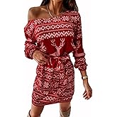 Women's Long Sleeve Vintage Party Dress with Belt, Printed Casual Dress for Holiday
