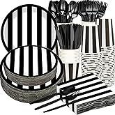 Serve25 175Pcs Black & White Striped Party Supplies - 9" & 7" Striped Paper Plates, Napkins, Cups, Cutlery for Black & White Birthday Party Decorations
