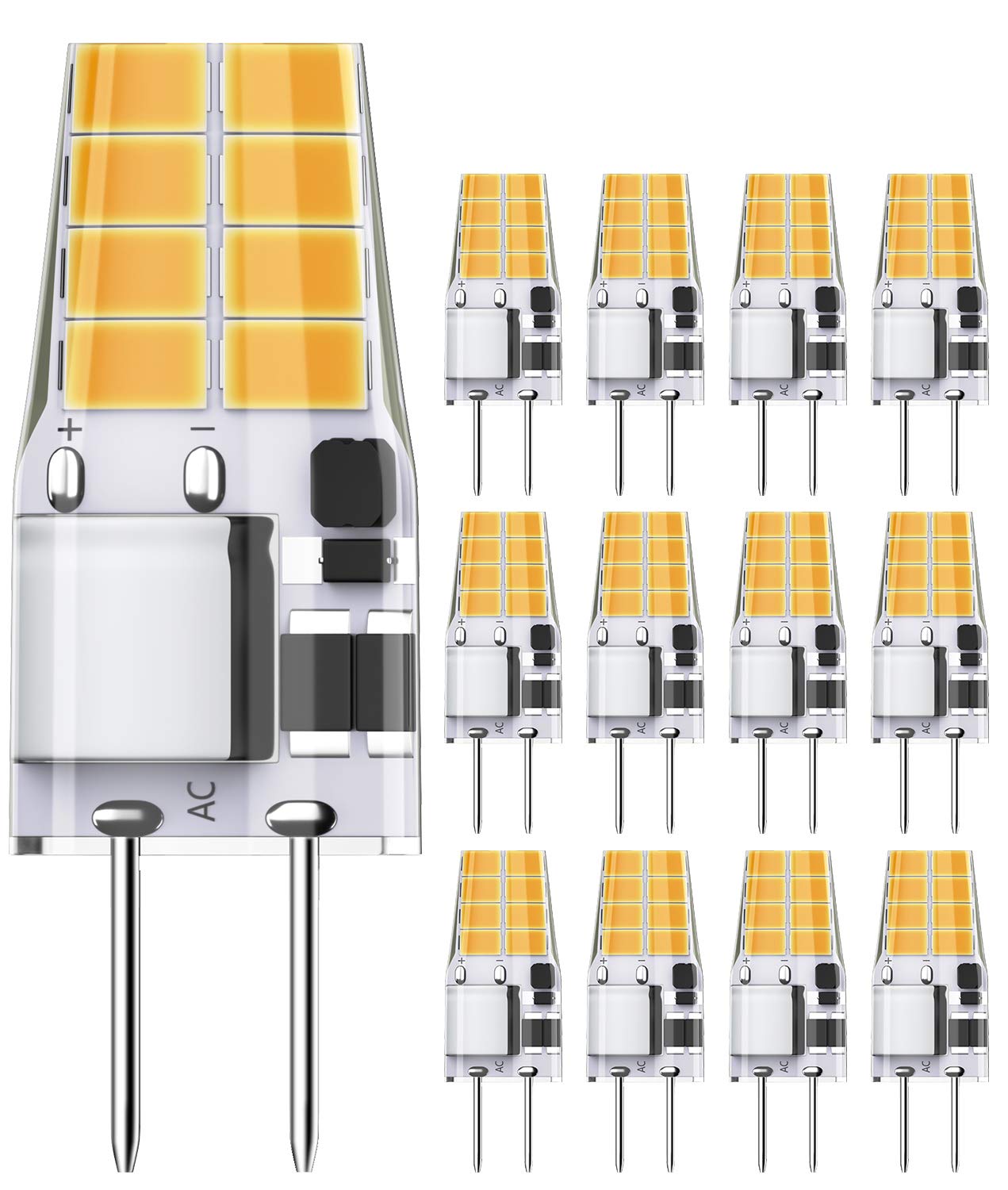 QNINE 12 Pack G4 LED Bulbs, 3W Cooker Hood G4 LED Bulbs, 20W Halogen Bulb Equivalent, DC AC 12V, Warm White 2700K, 350lm, 360° Beam Angle, Non Dimmable