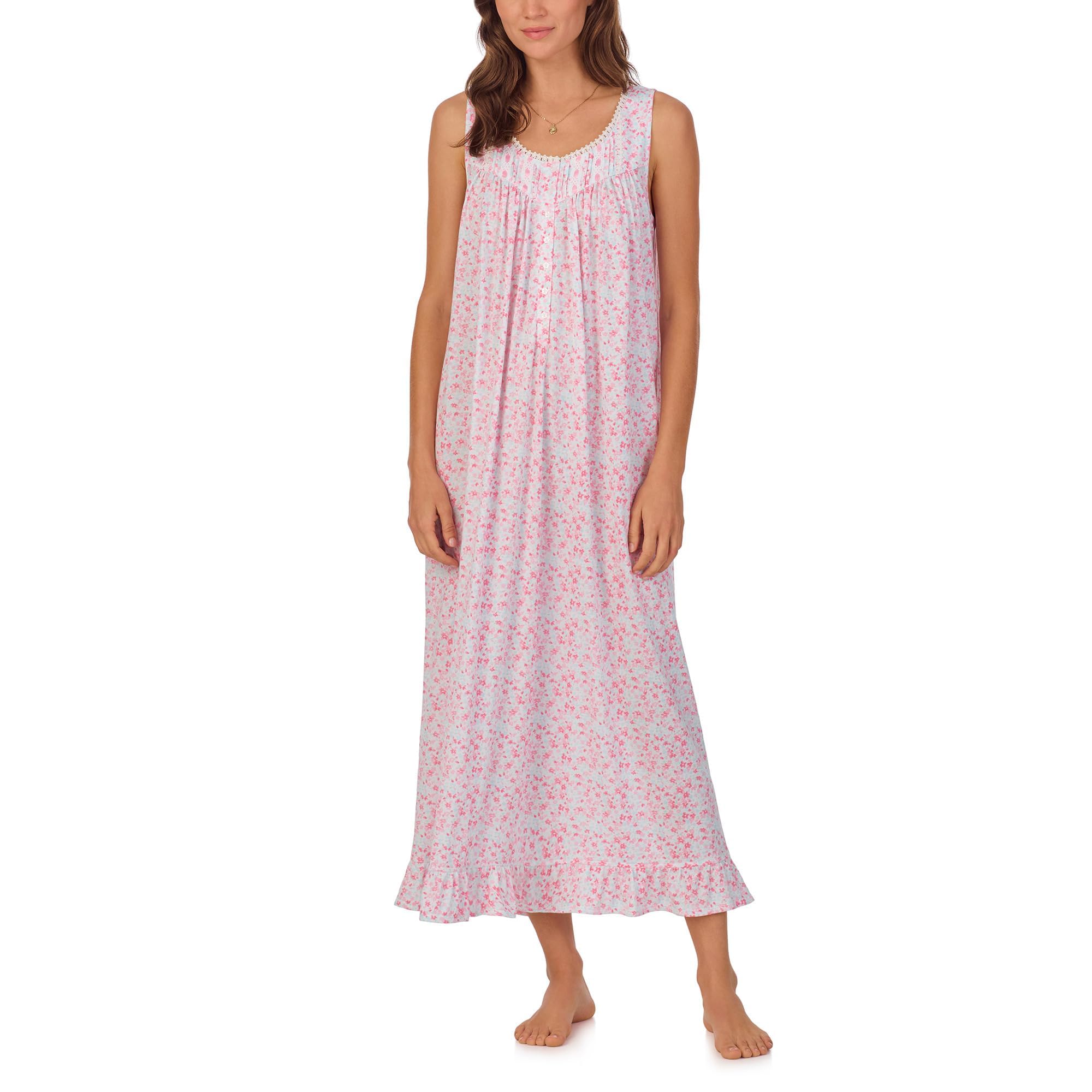 Eileen West Women’s Sleeveless Knit Ballet Gown, White Ground Aqua and Pink Ditsy