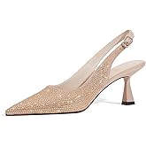 LOCERICH Women's Kitten Heels Slingback Low Heel Dress Shoes Closed Toe Pumps Rhinestone Pointed Toe Sparkly Sling Back Bridal Wedding Party