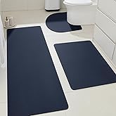Ultra Thin Bath Mat, Upgrade Backing Non Slip Thin Bath Mats Fit Under Door, Quick Dry Ultra Absorbent Bathroom Rugs, Machine Washable Bath Rugs for Bathroom, Bathtub, Dark Blue/Solid/3 Piece
