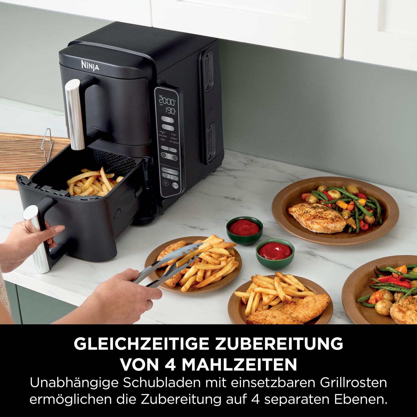 Ninja Double Stack Heißluftfritteuse, 7,6L Digitale Air fryer Doppelkorb mit 4 Kochstufen, 2 Schubladen, 2 Gestelle, platzsparendes Design, 6 Kochfunktionen, 6 Portionen, Schwarz SL300EU 4