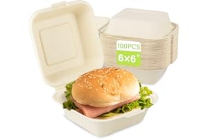 greensight Compostable Take Out Food Container 6X6, 100 Pack Disposable Clamshell Food Containers, To Go Boxes Heavy Duty, Biodegradable Made From Sugarcane Fibers
