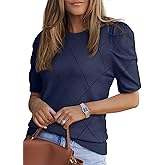 Dokotoo Women's Short Puff Sleeve Knit Tops 2025 Round Neck Hollow Out Tops Cozy Sweaters for Women
