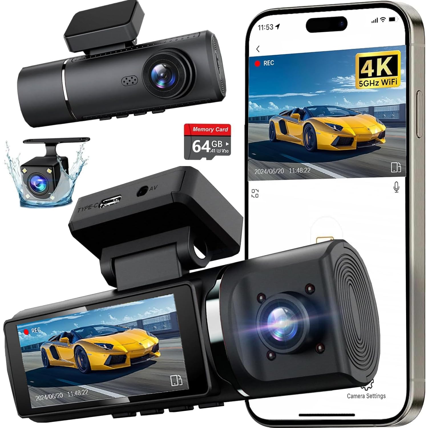 Photo 1 of 3 Channel 4K Dash Cam Front and Rear Inside, Built-in 5G WiFi, 4K+1080P+1080P Dash Camera for Cars with 64GB Card, Dashcam with Loop Recording,24H Parking Monitor,Night Vision,Support 512GB Max Silver