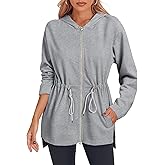 Fisoew Women's Zip Up Hoodie Sweatshirts Oversized Long Sleeve Casual Drawstring Waist Side Slit Tunic Tops