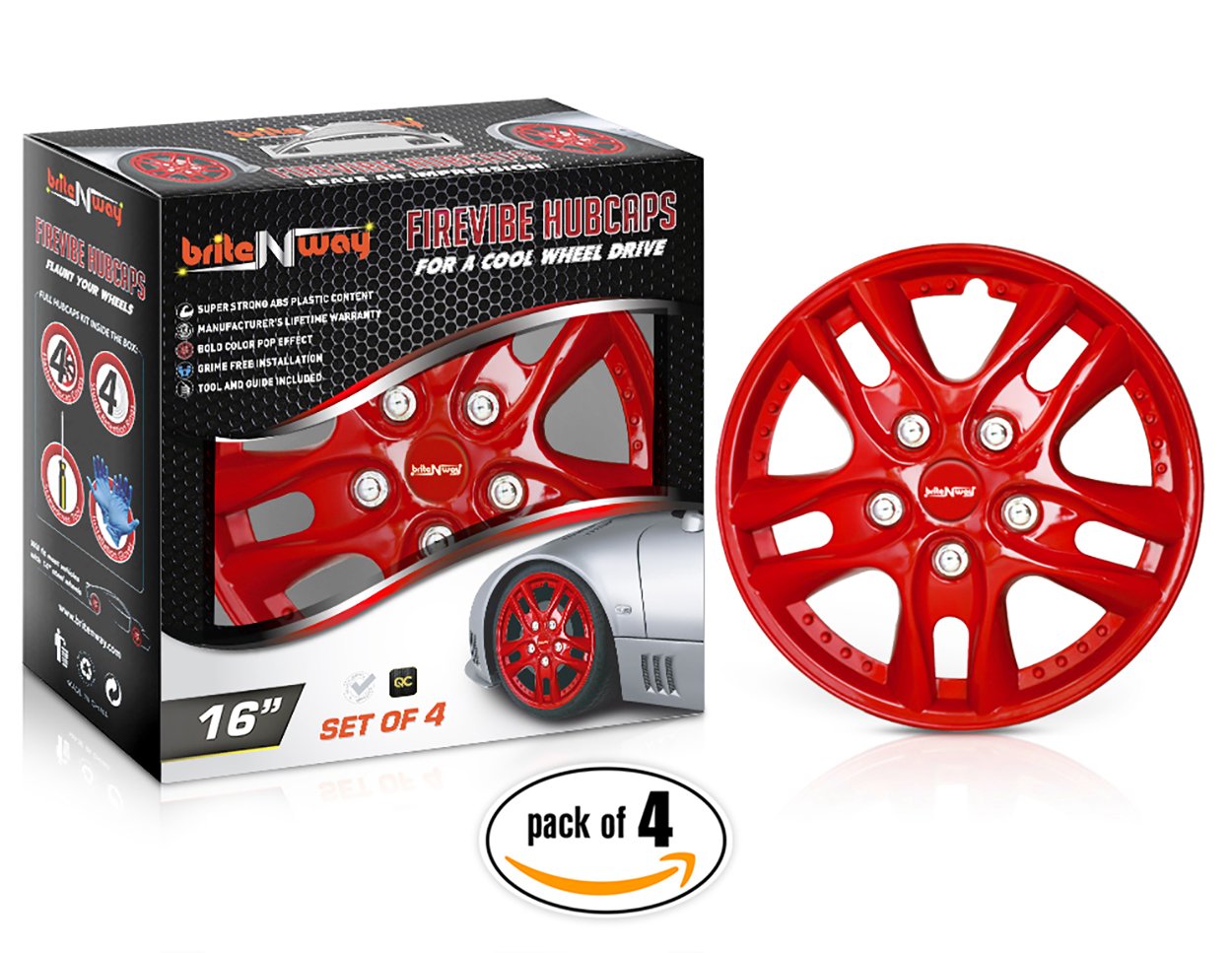 BRITENWAY Flashy HUBCAPS (16 inch RED) Sturdy Auto Wheel Cover Bold